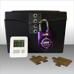 Image of locked box, puzzle pieces, and timer.