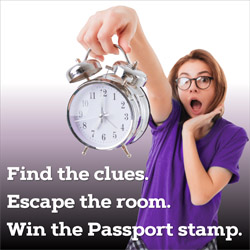 Image of worried young woman holding up an alarm clock. Text on the image says Fine the clues. Escape the room. Win the Passport stamp.