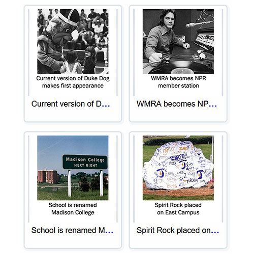 Image of digital cards depicting events from campus history.